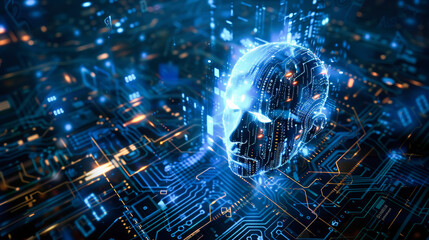 Poster - A futuristic composition with human and digital components. Artificial intelligence concept.