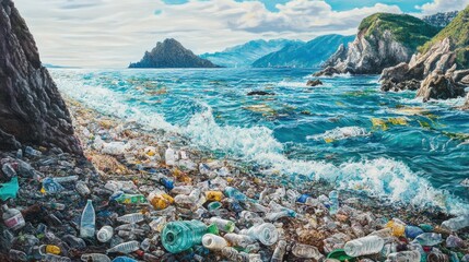 Sticker - Visualize a coastline where marine litter, such as plastic bottles and discarded nets, has accumulated