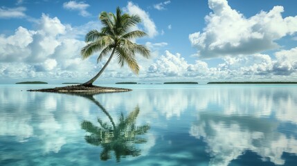 Sticker - Visualize a coconut tree in a serene lagoon with calm, turquoise waters.