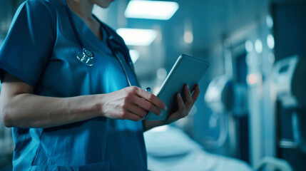 Close up of a female doctor or nurse using a digital tablet in a hospital