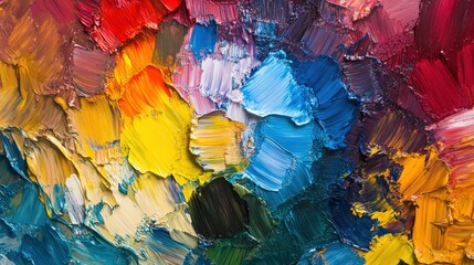 Poster - visualize a colorful paint palette with vibrant hues of red, blue, yellow, and green.