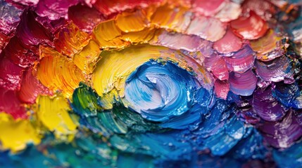 Poster - visualize a colorful paint palette with vibrant hues of red, blue, yellow, and green.