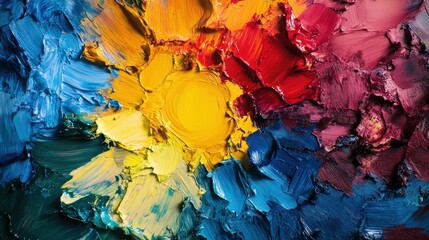 Poster - visualize a colorful paint palette with vibrant hues of red, blue, yellow, and green.