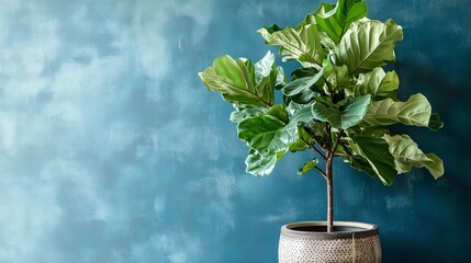 Wall Mural - Fiddle leaf fig tree in a decorative pot against a textured blue wall in a cozy indoor space