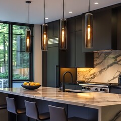 Elegant kitchen island with modern pendant lighting, showcasing warm ambient glow, sleek design