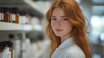 Redhead Woman in a White Coat Standing in a Pharmacy