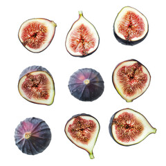 Poster - nine ripe figs are laying on a white background, some of them cut in a half to show the pulp