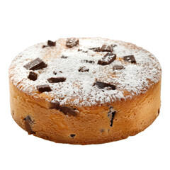 Poster - Round chocolate chip cake sprinkled with powdered sugar sitting on a white background