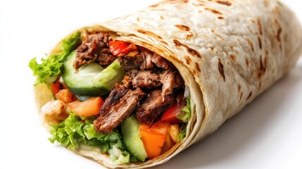 Wall Mural - Close-up of a neatly wrapped shawarma, stuffed with grilled meat, vegetables, and sauce, against a white backdrop.