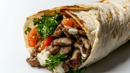 Canvas Print - Close-up of a neatly wrapped shawarma, stuffed with grilled meat, vegetables, and sauce, against a white backdrop.