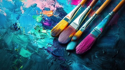Poster - bright splashes of color adorn a palette as paintbrushes rest beside vibrant abstract strokes on can