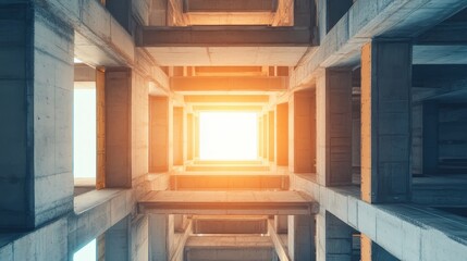 Wall Mural - glimmer of light through abstract concrete architecture in a symmetric perspective viewpoint