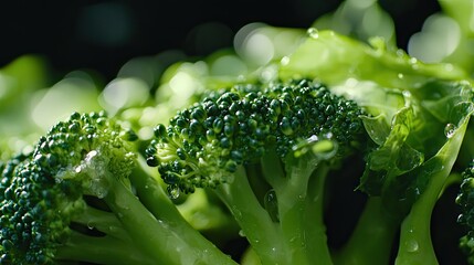 Wall Mural - Fresh broccoli florets stacked together with water droplets sparkling, emphasizing their vibrant green color