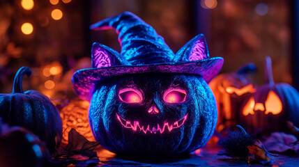 Wall Mural - glowing pumpkin with witch hat and cat ears creates spooky halloween atmosphere. vibrant colors and 