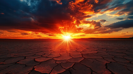 An exhausted earth with cracks and a dramatic sunset in the background, drought concept