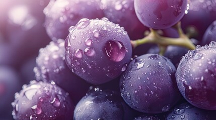 Canvas Print - Close-up of purple grapes covered in water droplets, glistening in soft light with selective focus on the juicy berries.