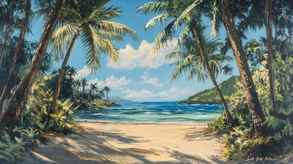 Canvas Print - Visualize a lush, tropical landscape featuring several coconut trees with their distinctive, feathery leaves.