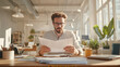 © VERTEX SPACE - Focused man reading documents in bright office space filled with plants and natural light. atmosphere is calm and productive, ideal for concentration and creativity