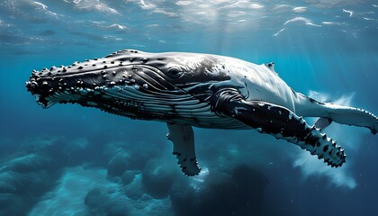 Majestic humpback whale gliding gracefully beneath the shimmering ocean surface