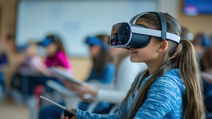 Poster - Visualize a modern classroom equipped with advanced educational technology.