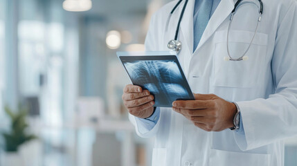 A medical professional in white coat examines an X ray on tablet, showcasing modern healthcare environment. focus is on doctor and digital display, emphasizing technology in medicine