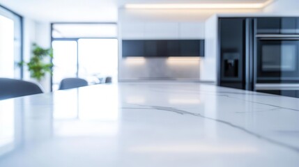 minimalist kitchen design empty white marble countertop in foreground sleek modern appliances and bright airy space in background