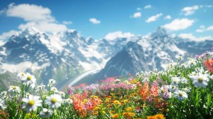 Poster - A beautiful field of flowers with mountains in the background