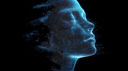 Wall Mural - A close-up digital portrayal of a female face in silhouette, constructed entirely from glowing blue dots and lines, representing futuristic and technological themes.