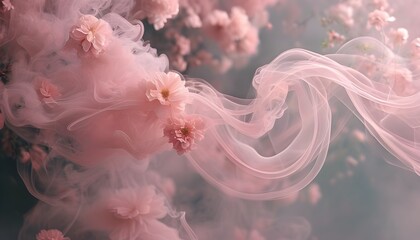 Wall Mural - Mesmerizing transformation of pastel pink flowers into swirling smoke, creating an enchanting abstract background that evokes mystery and wonder