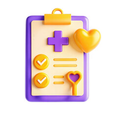 Poster - A colorful 3D rendered health care document featuring symbols like a heart and check marks, emphasizing wellness and medical care.