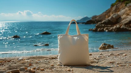 Beige canvas tote bag mockup placed on rocky beach shore. Under bright sunlight totebag template advertising image. Calm blue ocean waters, distant mountains mock up photorealistic