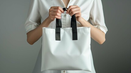 Wall Mural - Woman holding compact white tote mockup with black straps. Female dressed in white shirt. Casual versatile design totebag template advertising image. Everyday bag mock up product