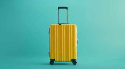 Wall Mural - Bold yellow suitcase mockup placed on clean minimalist teal background. Bright luggage wheels template advertising image. Travel-related theme baggage mock up product photorealistic