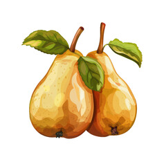 Poster - two ripe yellow pears with green leaves still hanging on the branch