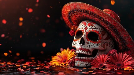 Day of the Dead skull with colorful flowers, dark background, vibrant and festive, halfview