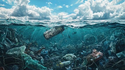 Poster - Visualize an ocean scene with significant marine litter, such as plastic bags, ropes, and broken fishing gear.