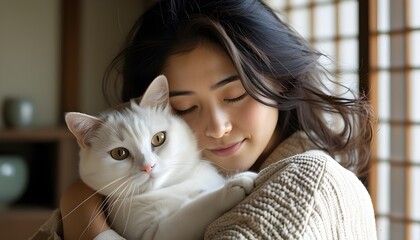 Intimate moment between a woman and her beloved white cat in a serene Japanese home, highlighting the warmth of their bond