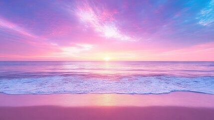 Wall Mural - The golden sun dips below the horizon, painting the sky with hues of orange and pink as it sets over the vast ocean, casting long shadows on the sandy beach