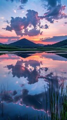 Poster - A beautiful sunset over a lake with mountains in the background