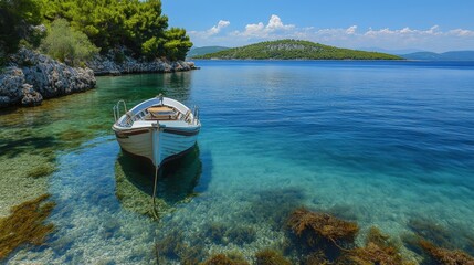 Wall Mural - Visualize the relaxation of anchoring in a quiet bay, the gentle rocking of the boat lulling you into a peaceful state