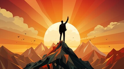 Wall Mural - Triumphant businessman pointing to sky on mountain peak at sunrise 2D illustration. Personal endeavors flat cartoon image colorful scene. Spirit of reaching new heights wallpaper art