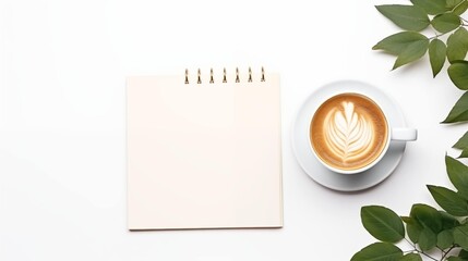 Wall Mural - Stylish workspace mockup with latte art and greenery on white surface. Top view of spiral notepad template advertising image. Writing, green leaves. Creative desk mock up photorealistic