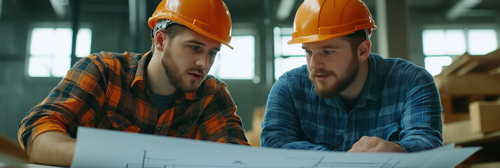 Two builders intensely discuss plans for a construction project in a bustling workshop during daylight hours