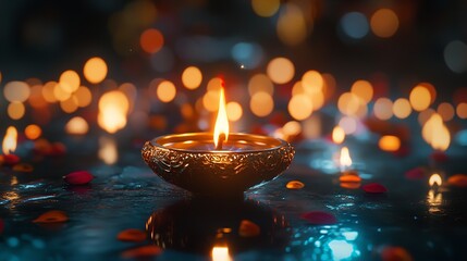 Sticker - Colorful bokeh banner with traditional oil lamps for Diwali celebrations