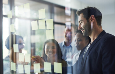 Poster - Idea, glass and business people in meeting for brainstorming, discussion and planning in office. Creative company, startup and workers writing on sticky notes for teamwork, research and project