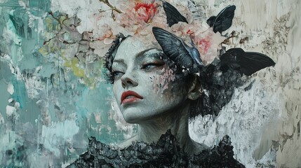 Poster - A striking portrait of a woman adorned with flowers and butterflies against an abstract background in a serene color palette