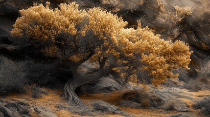 Poster - A twisted tree stands resilient among rocky terrain under soft golden light in an arid landscape