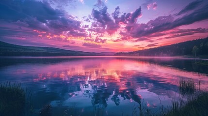 Poster - A beautiful sunset over a lake with a reflection of the sky in the water
