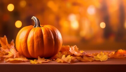 pumpkin on orange background with autumn leaves, concept of autumn and holidays halloween and harvest, with space for text