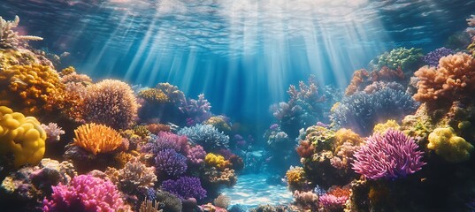 Canvas Print - A vibrant, coral reef with clear water and a large area for text